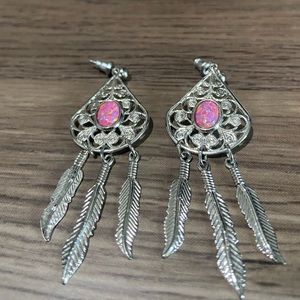 silver plated with pink opal dream catcher earrings